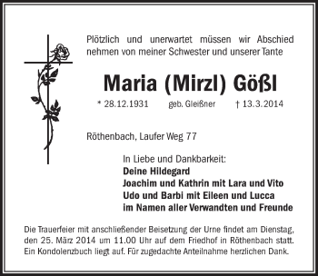 Traueranzeige von Maria Gößl von Pegnitz-Zeitung